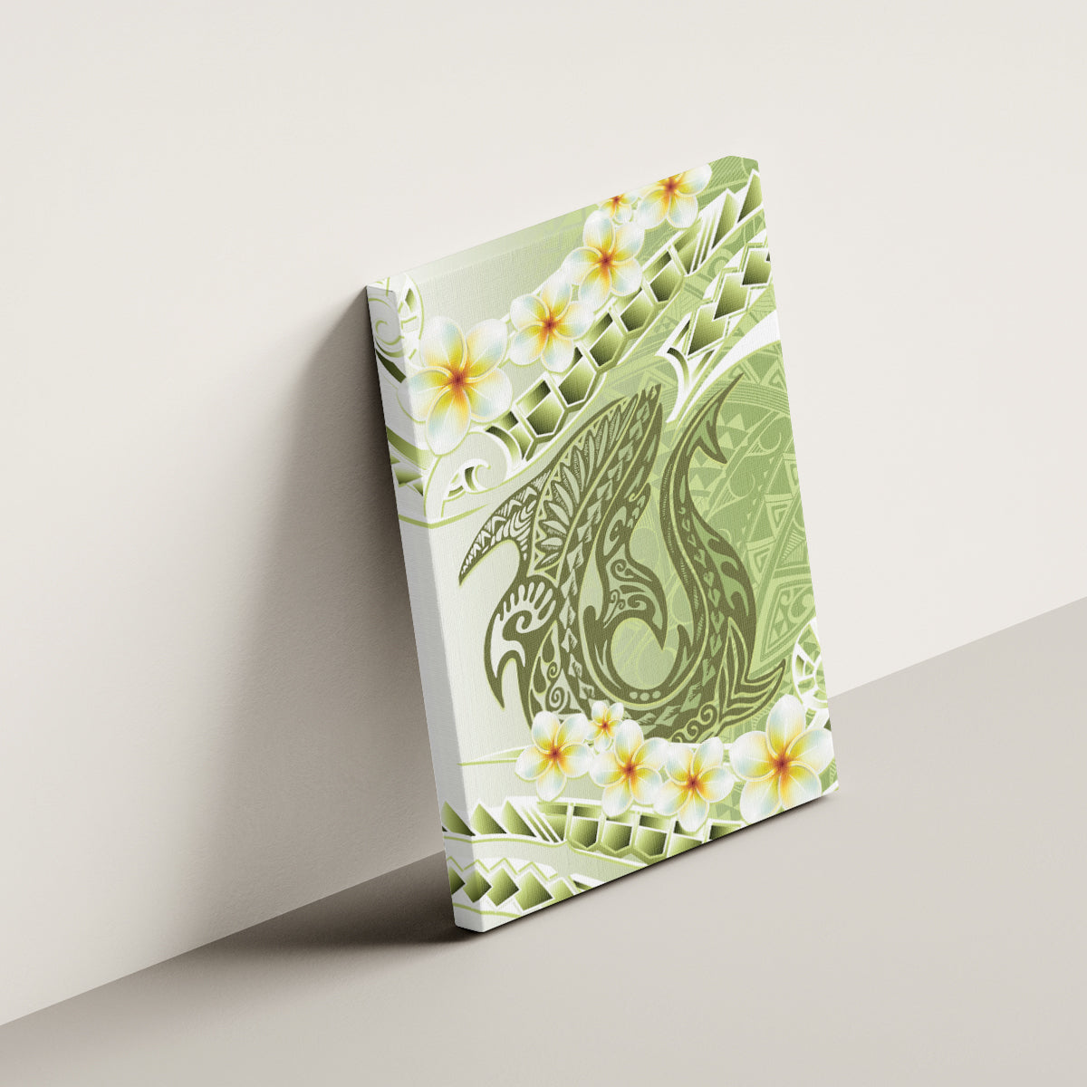 Green Hawaii Shark Tattoo Canvas Wall Art Frangipani With Polynesian Pastel Version