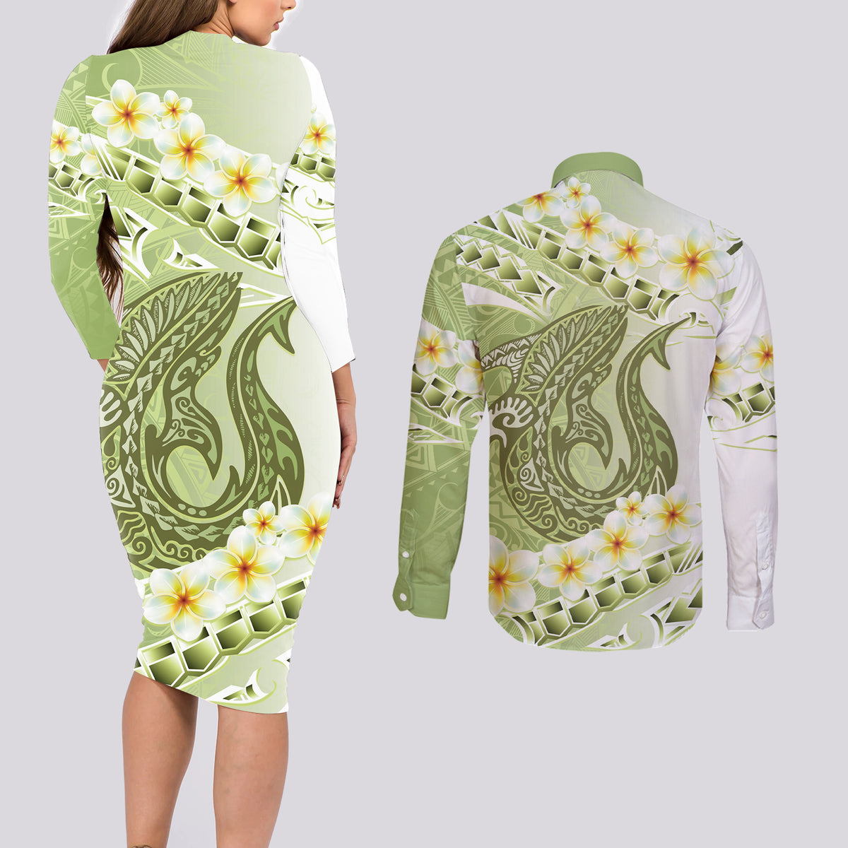 Green Hawaii Shark Tattoo Couples Matching Long Sleeve Bodycon Dress and Long Sleeve Button Shirt Frangipani With Polynesian Pastel Version LT14 - Polynesian Pride