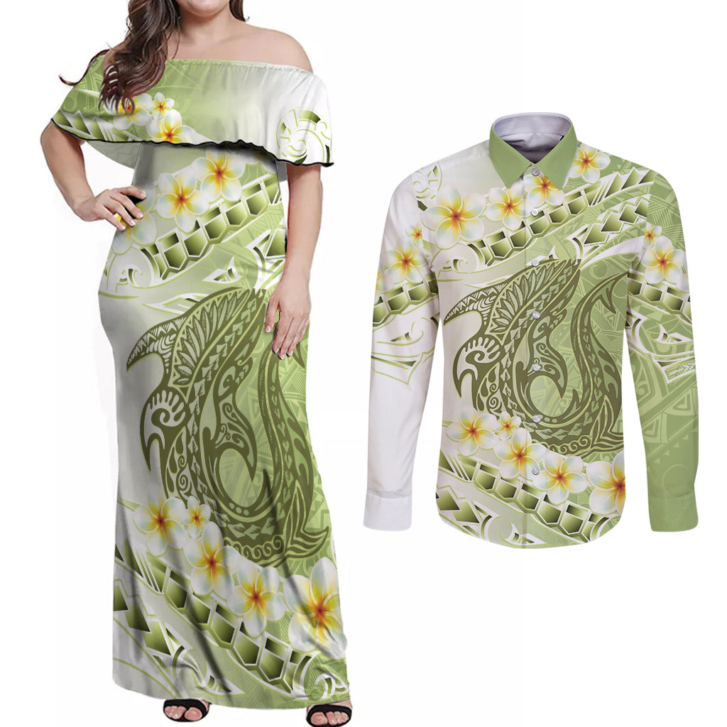 Green Hawaii Shark Tattoo Couples Matching Off Shoulder Maxi Dress and Long Sleeve Button Shirt Frangipani With Polynesian Pastel Version LT14 Green - Polynesian Pride