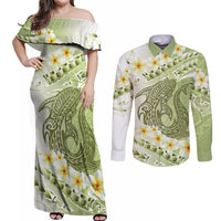 Green Hawaii Shark Tattoo Couples Matching Off Shoulder Maxi Dress and Long Sleeve Button Shirt Frangipani With Polynesian Pastel Version LT14 Green - Polynesian Pride