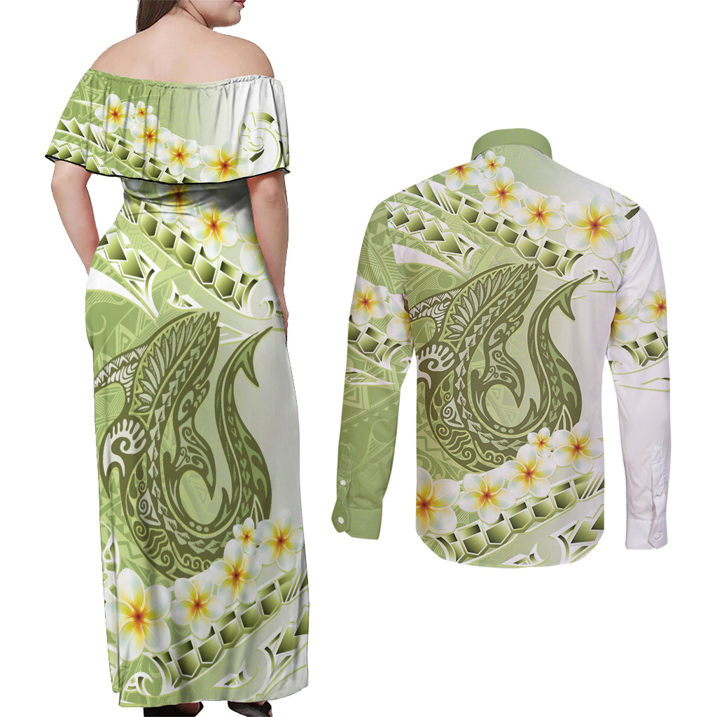 Green Hawaii Shark Tattoo Couples Matching Off Shoulder Maxi Dress and Long Sleeve Button Shirt Frangipani With Polynesian Pastel Version LT14 - Polynesian Pride