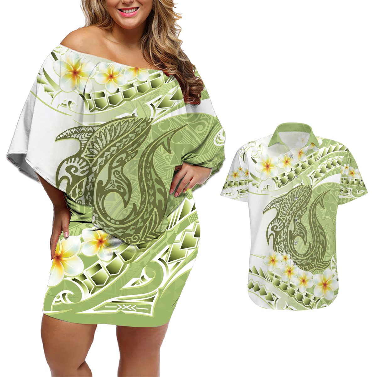Green Hawaii Shark Tattoo Couples Matching Off Shoulder Short Dress and Hawaiian Shirt Frangipani With Polynesian Pastel Version LT14 Green - Polynesian Pride