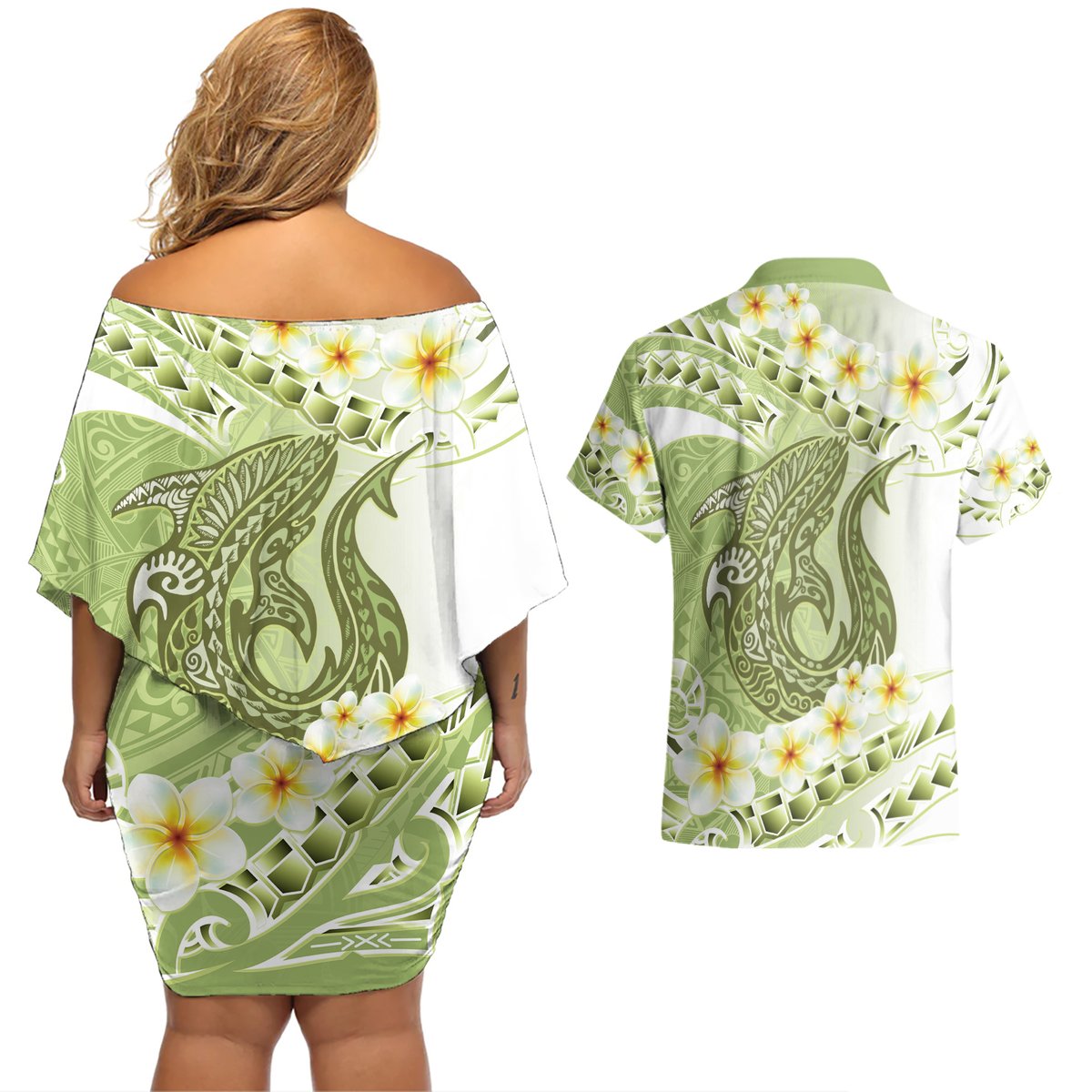 Green Hawaii Shark Tattoo Couples Matching Off Shoulder Short Dress and Hawaiian Shirt Frangipani With Polynesian Pastel Version LT14 - Polynesian Pride