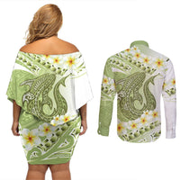 Green Hawaii Shark Tattoo Couples Matching Off Shoulder Short Dress and Long Sleeve Button Shirt Frangipani With Polynesian Pastel Version LT14 - Polynesian Pride