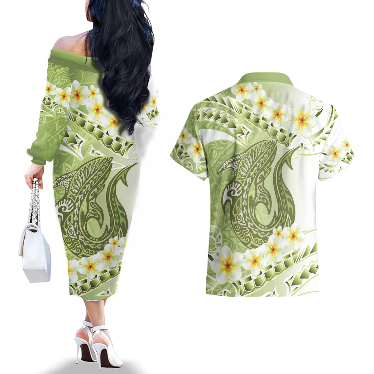 Green Hawaii Shark Tattoo Couples Matching Off The Shoulder Long Sleeve Dress and Hawaiian Shirt Frangipani With Polynesian Pastel Version