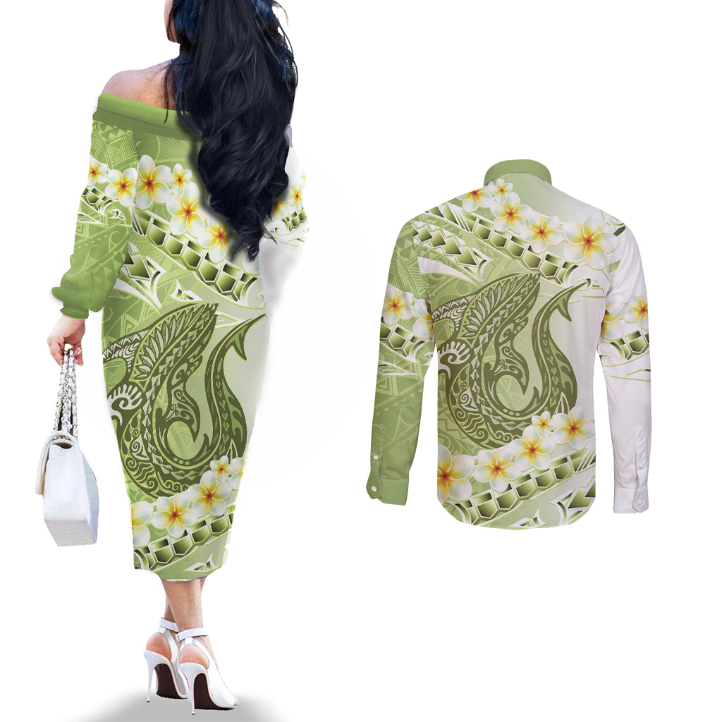 Green Hawaii Shark Tattoo Couples Matching Off The Shoulder Long Sleeve Dress and Long Sleeve Button Shirt Frangipani With Polynesian Pastel Version LT14 - Polynesian Pride