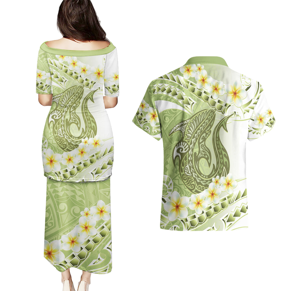 Green Hawaii Shark Tattoo Couples Matching Puletasi and Hawaiian Shirt Frangipani With Polynesian Pastel Version