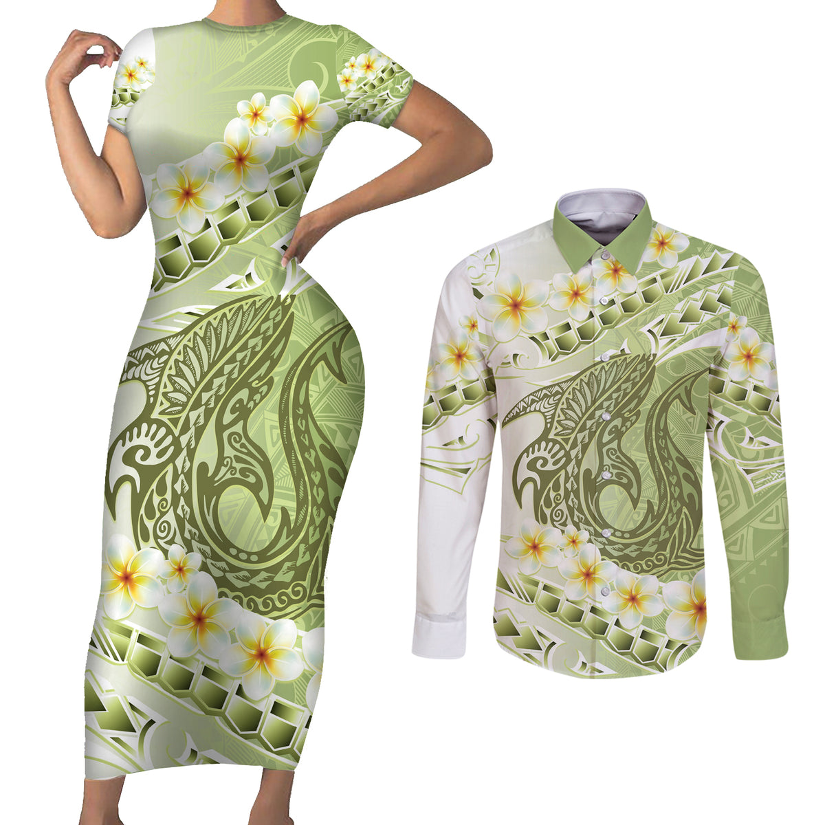 Green Hawaii Shark Tattoo Couples Matching Short Sleeve Bodycon Dress and Long Sleeve Button Shirt Frangipani With Polynesian Pastel Version LT14 Green - Polynesian Pride