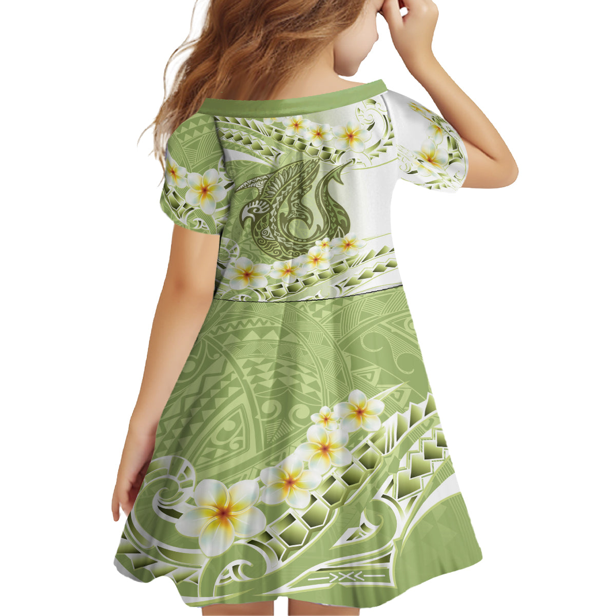 Green Hawaii Shark Tattoo Family Matching Long Sleeve Bodycon Dress and Hawaiian Shirt Frangipani With Polynesian Pastel Version