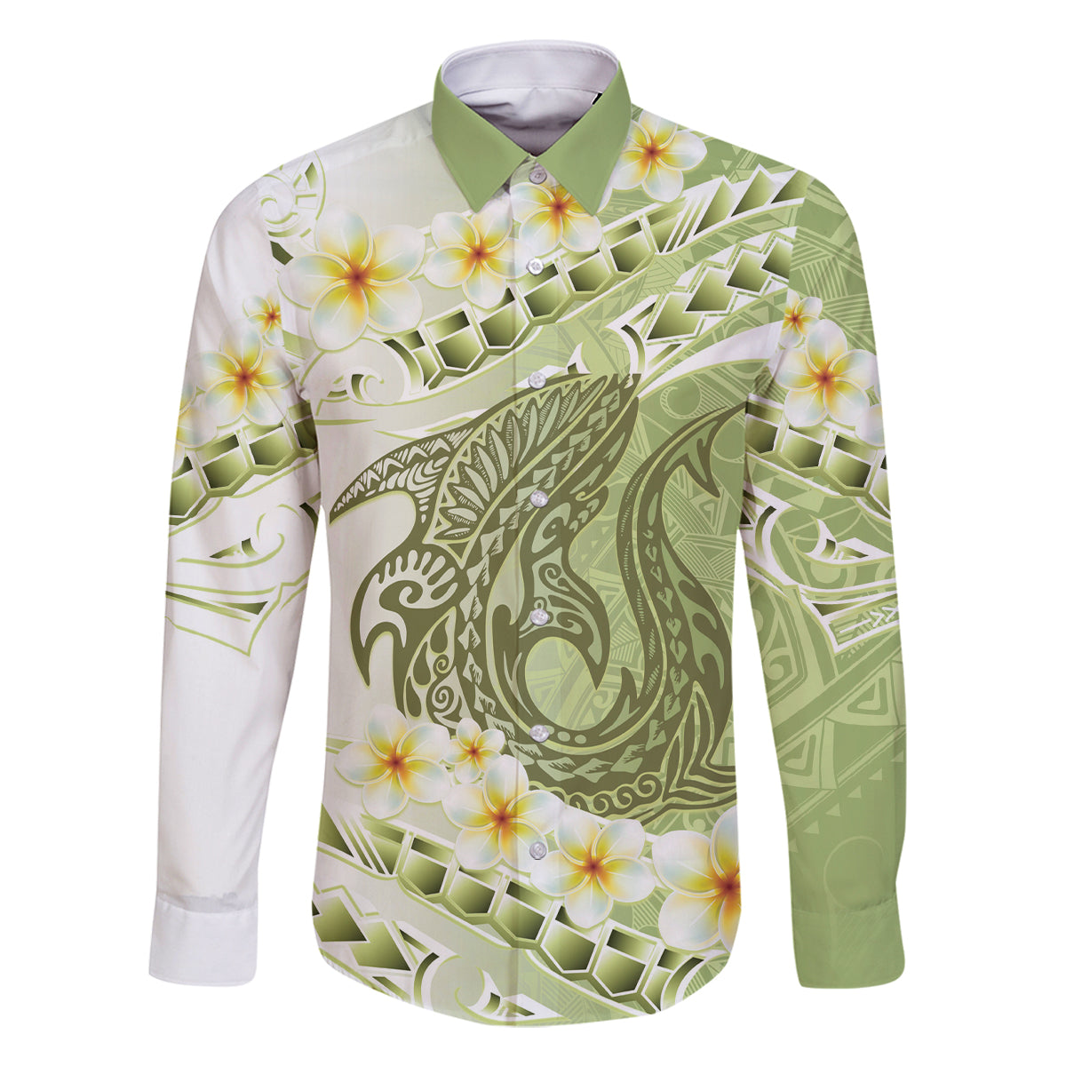 Green Hawaii Shark Tattoo Family Matching Mermaid Dress and Hawaiian Shirt Frangipani With Polynesian Pastel Version LT14 Dad's Shirt - Long Sleeve Green - Polynesian Pride