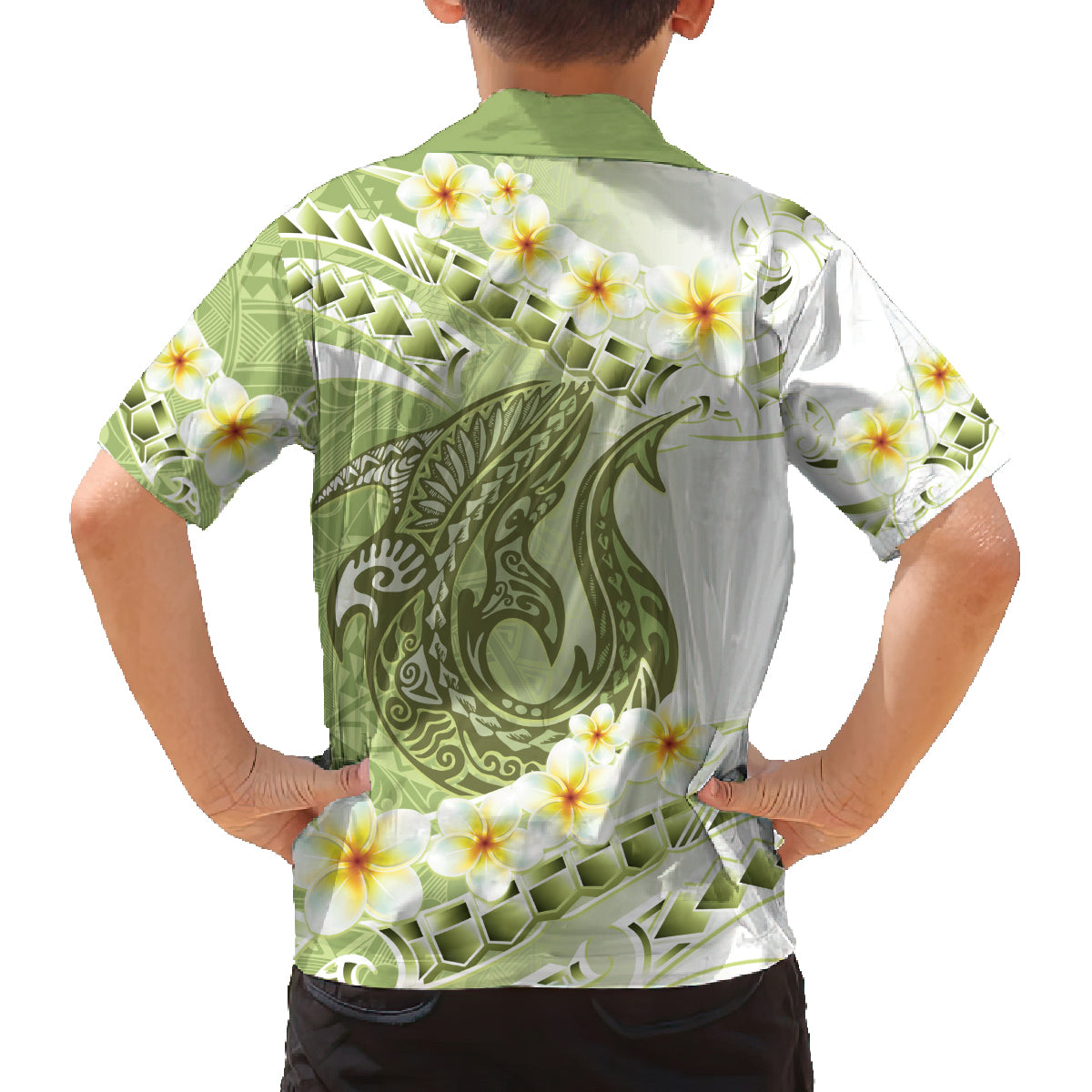 Green Hawaii Shark Tattoo Family Matching Puletasi and Hawaiian Shirt Frangipani With Polynesian Pastel Version LT14 - Polynesian Pride