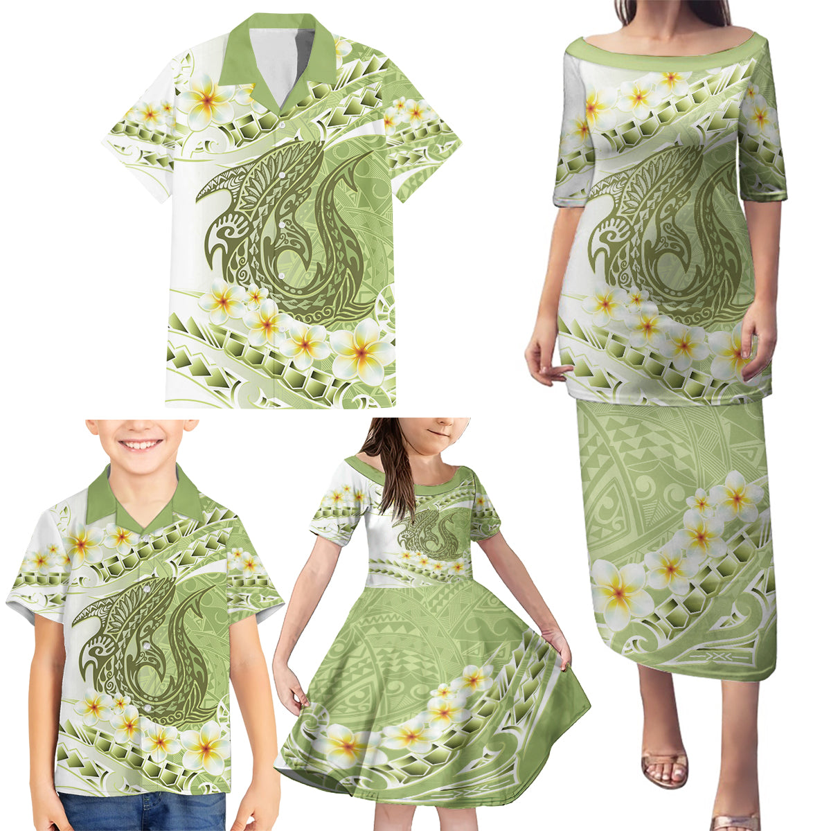 Green Hawaii Shark Tattoo Family Matching Puletasi and Hawaiian Shirt Frangipani With Polynesian Pastel Version LT14 - Polynesian Pride