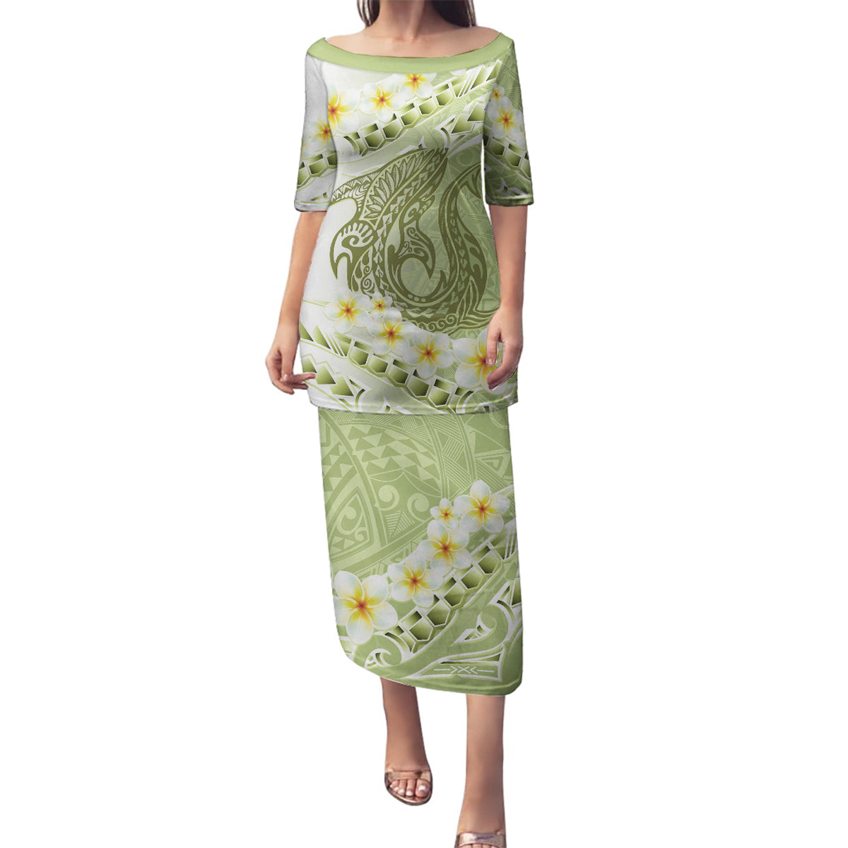 Green Hawaii Shark Tattoo Family Matching Puletasi and Hawaiian Shirt Frangipani With Polynesian Pastel Version LT14 Mom's Dress Green - Polynesian Pride