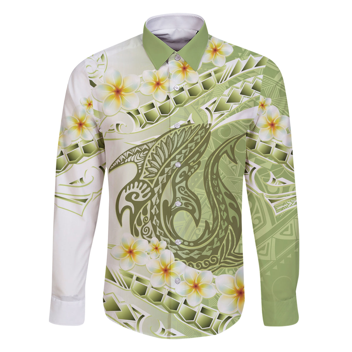 Green Hawaii Shark Tattoo Family Matching Short Sleeve Bodycon Dress and Hawaiian Shirt Frangipani With Polynesian Pastel Version LT14 Dad's Shirt - Long Sleeve Green - Polynesian Pride
