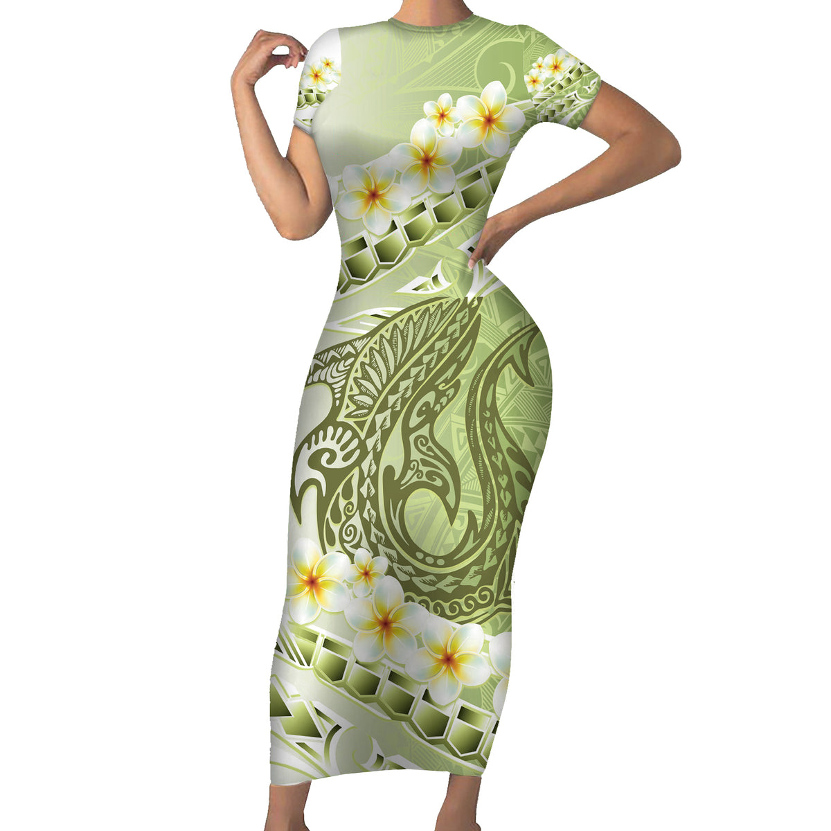 Green Hawaii Shark Tattoo Family Matching Short Sleeve Bodycon Dress and Hawaiian Shirt Frangipani With Polynesian Pastel Version LT14 Mom's Dress Green - Polynesian Pride