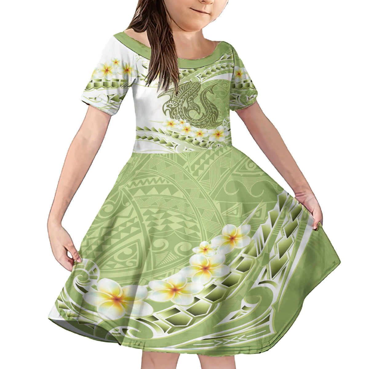 Green Hawaii Shark Tattoo Family Matching Tank Maxi Dress and Hawaiian Shirt Frangipani With Polynesian Pastel Version LT14 Daughter's Dress Green - Polynesian Pride