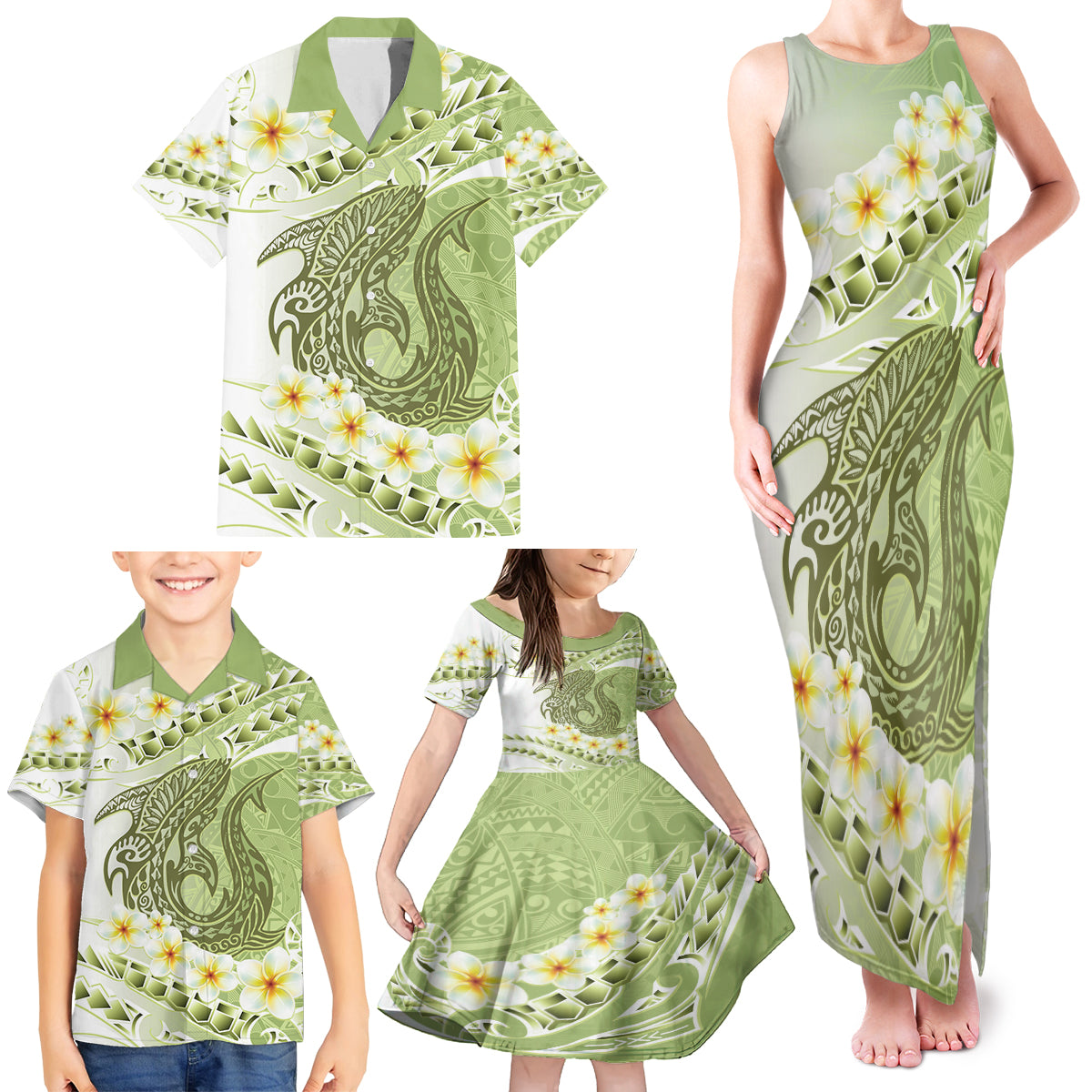 Green Hawaii Shark Tattoo Family Matching Tank Maxi Dress and Hawaiian Shirt Frangipani With Polynesian Pastel Version LT14 - Polynesian Pride