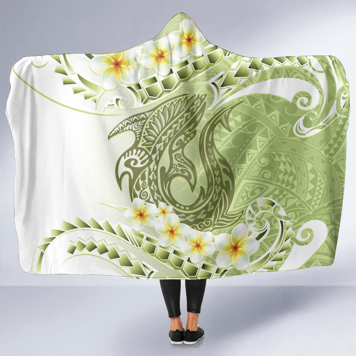 Green Hawaii Shark Tattoo Hooded Blanket Frangipani With Polynesian Pastel Version