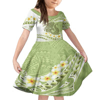 Green Hawaii Shark Tattoo Kid Short Sleeve Dress Frangipani With Polynesian Pastel Version