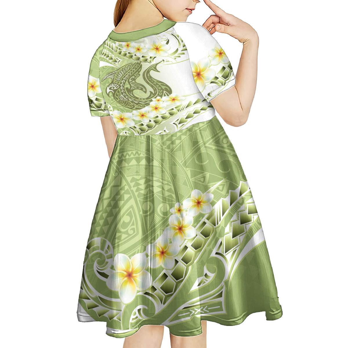 Green Hawaii Shark Tattoo Kid Short Sleeve Dress Frangipani With Polynesian Pastel Version