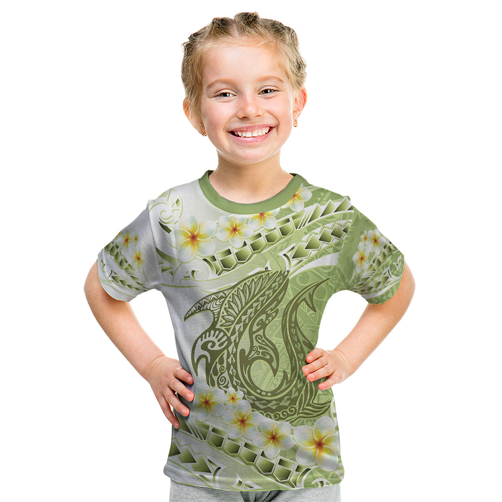 Green Hawaii Shark Tattoo Kid T Shirt Frangipani With Polynesian Pastel Version LT14 Green - Polynesian Pride