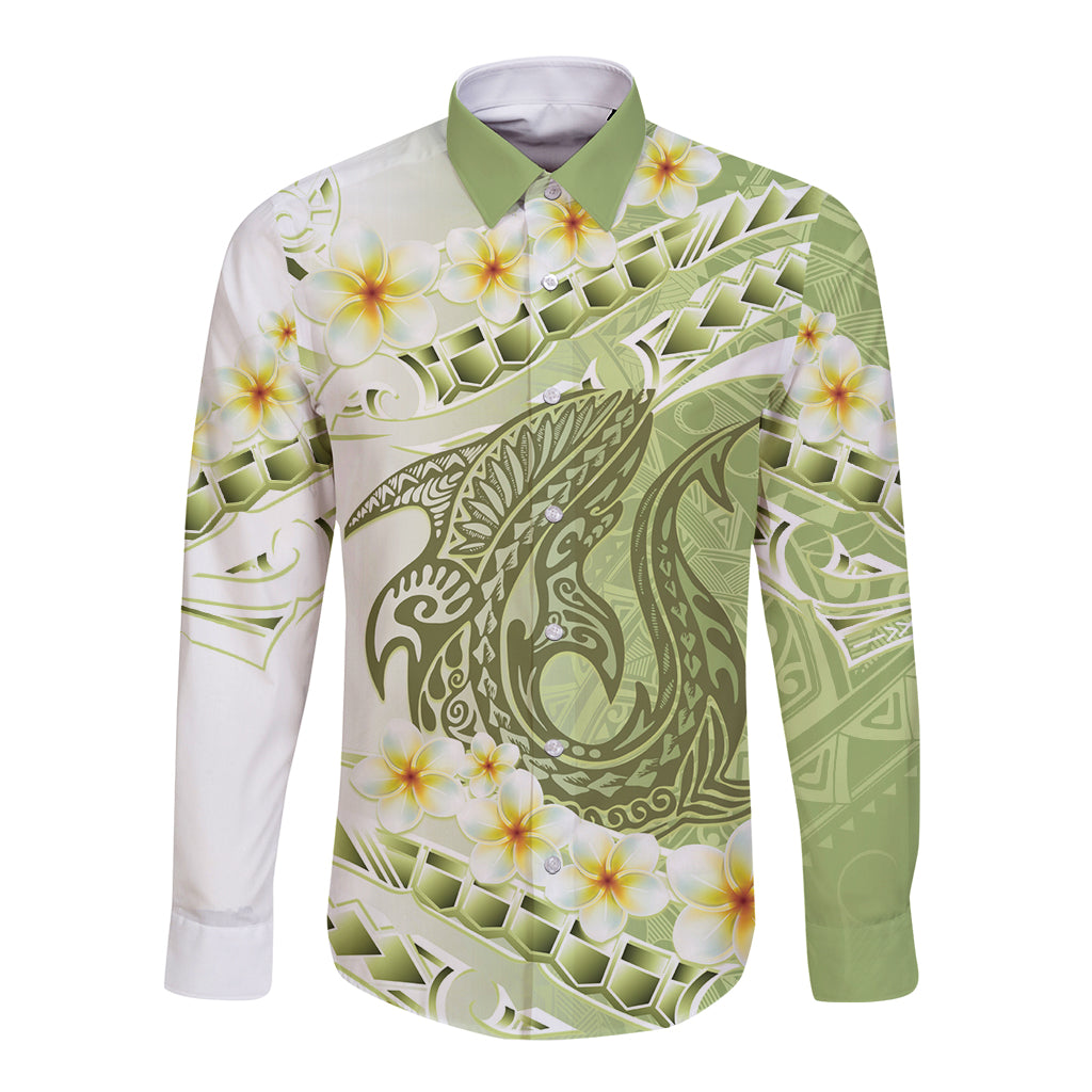 Green Hawaii Shark Tattoo Long Sleeve Button Shirt Frangipani With Polynesian Pastel Version