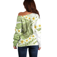Green Hawaii Shark Tattoo Off Shoulder Sweater Frangipani With Polynesian Pastel Version