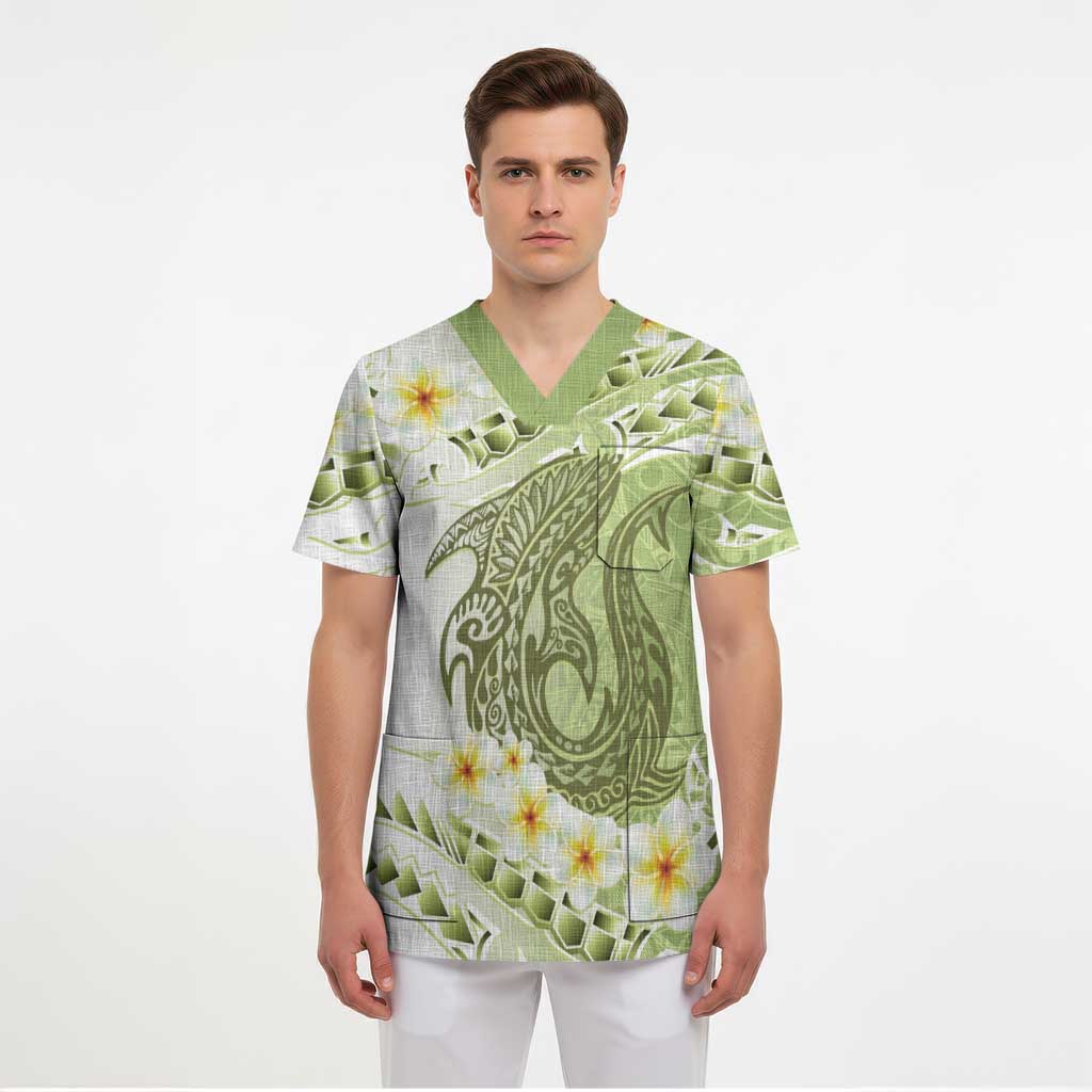 Green Hawaii Shark Tattoo Scrub Top Frangipani With Polynesian Pastel Version - Polynesian Pride