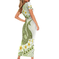 Green Hawaii Shark Tattoo Short Sleeve Bodycon Dress Frangipani With Polynesian Pastel Version