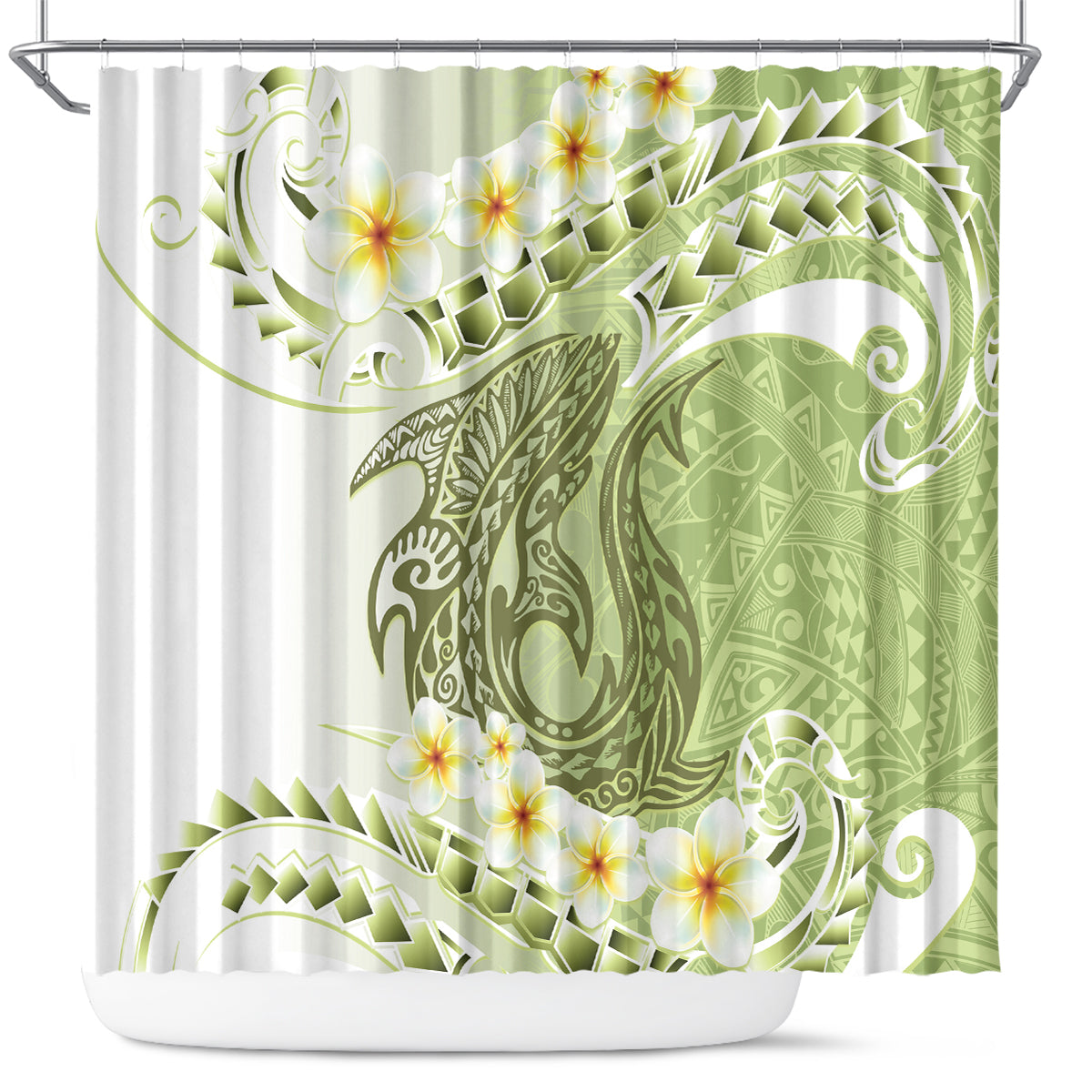 Green Hawaii Shark Tattoo Shower Curtain Frangipani With Polynesian Pastel Version LT14 Green - Polynesian Pride