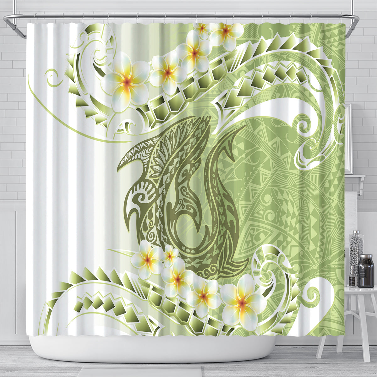 Green Hawaii Shark Tattoo Shower Curtain Frangipani With Polynesian Pastel Version LT14 - Polynesian Pride