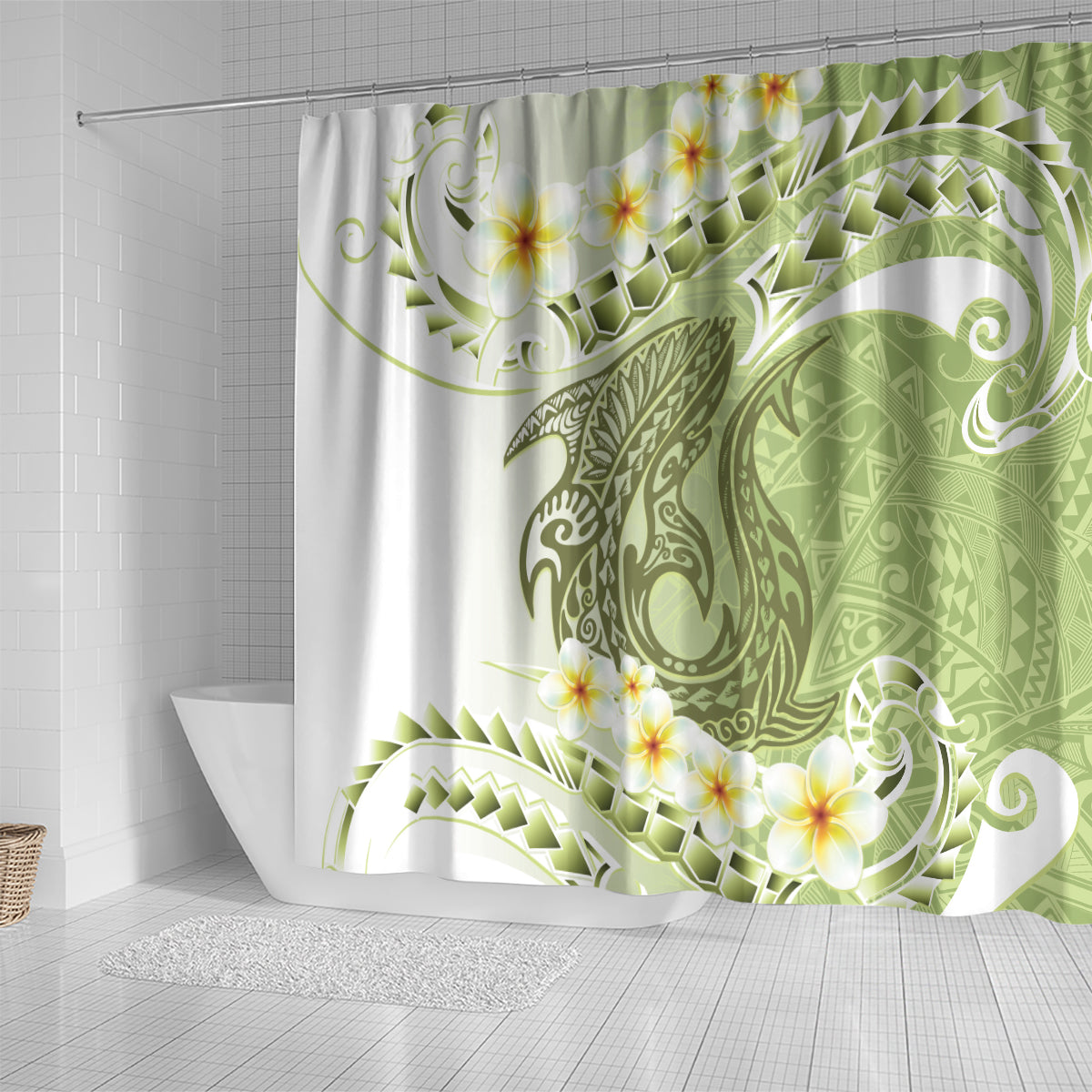 Green Hawaii Shark Tattoo Shower Curtain Frangipani With Polynesian Pastel Version LT14 - Polynesian Pride