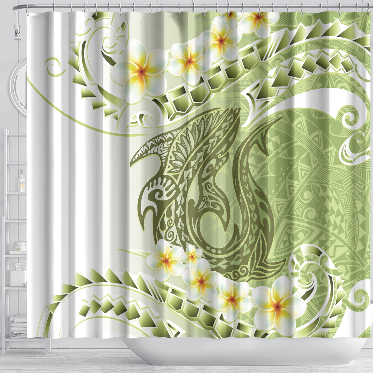 Green Hawaii Shark Tattoo Shower Curtain Frangipani With Polynesian Pastel Version LT14 - Polynesian Pride