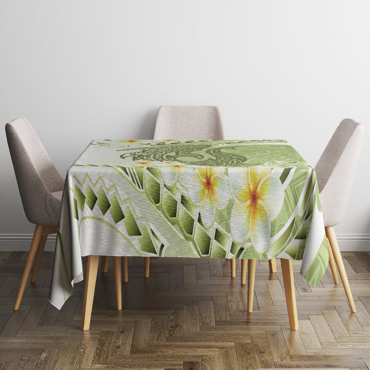 Green Hawaii Shark Tattoo Tablecloth Frangipani With Polynesian Pastel Version