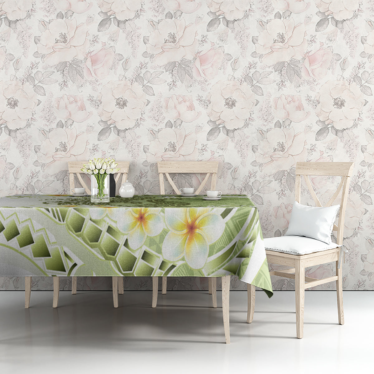 Green Hawaii Shark Tattoo Tablecloth Frangipani With Polynesian Pastel Version