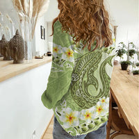 Green Hawaii Shark Tattoo Women Casual Shirt Frangipani With Polynesian Pastel Version