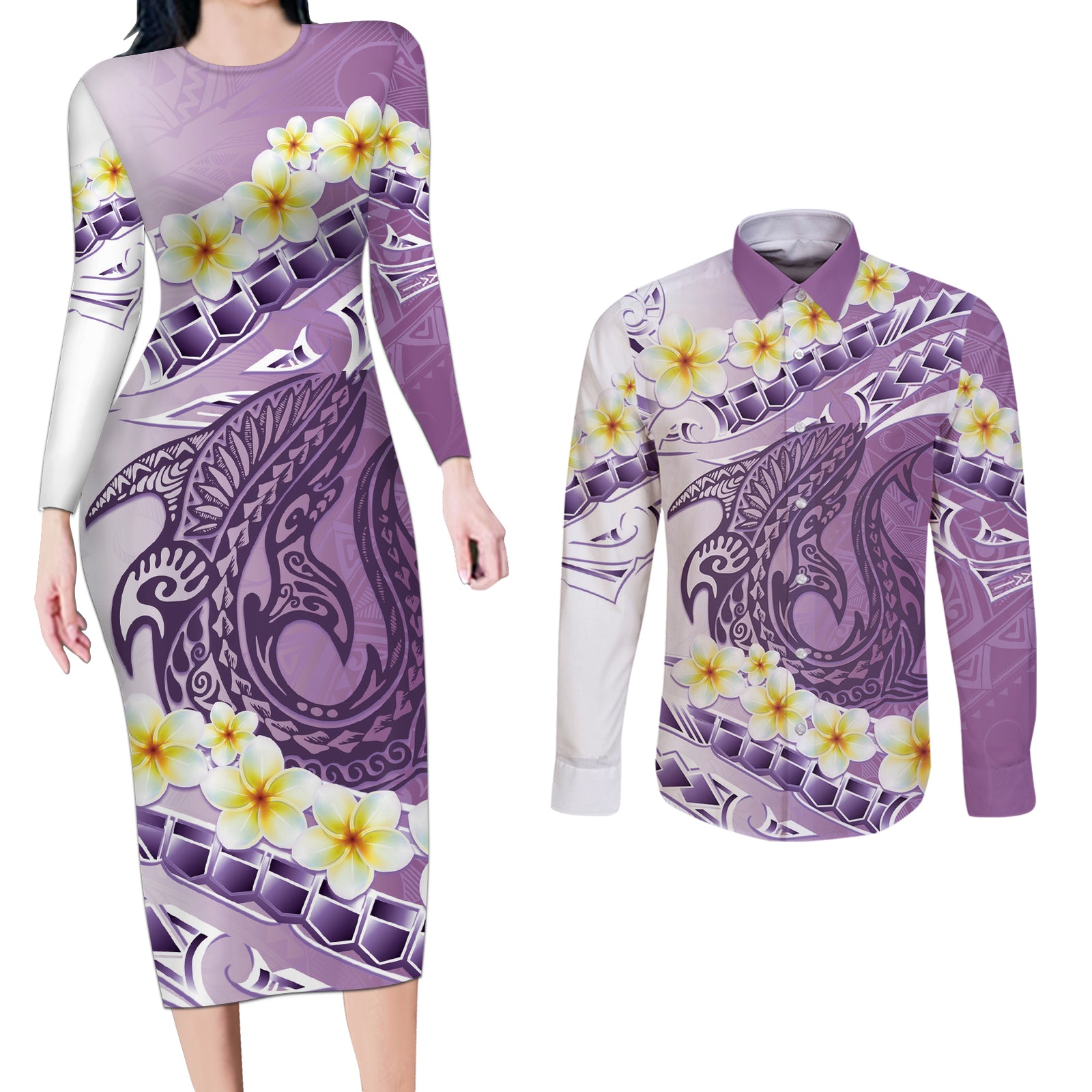 Purple Hawaii Shark Tattoo Couples Matching Long Sleeve Bodycon Dress and Long Sleeve Button Shirt Frangipani With Polynesian Pastel Version LT14 Purple - Polynesian Pride