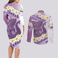 Purple Hawaii Shark Tattoo Couples Matching Long Sleeve Bodycon Dress and Long Sleeve Button Shirt Frangipani With Polynesian Pastel Version LT14 - Polynesian Pride