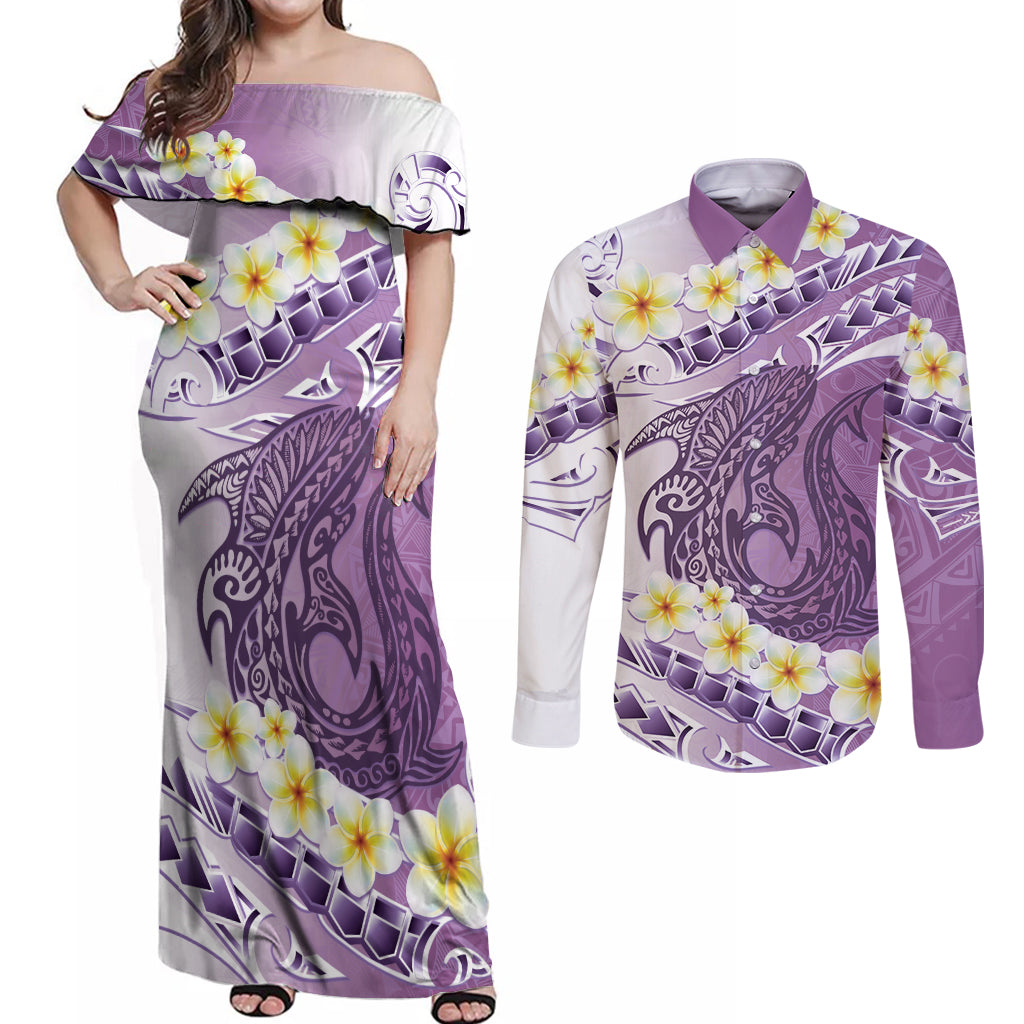 Purple Hawaii Shark Tattoo Couples Matching Off Shoulder Maxi Dress and Long Sleeve Button Shirt Frangipani With Polynesian Pastel Version LT14 Purple - Polynesian Pride