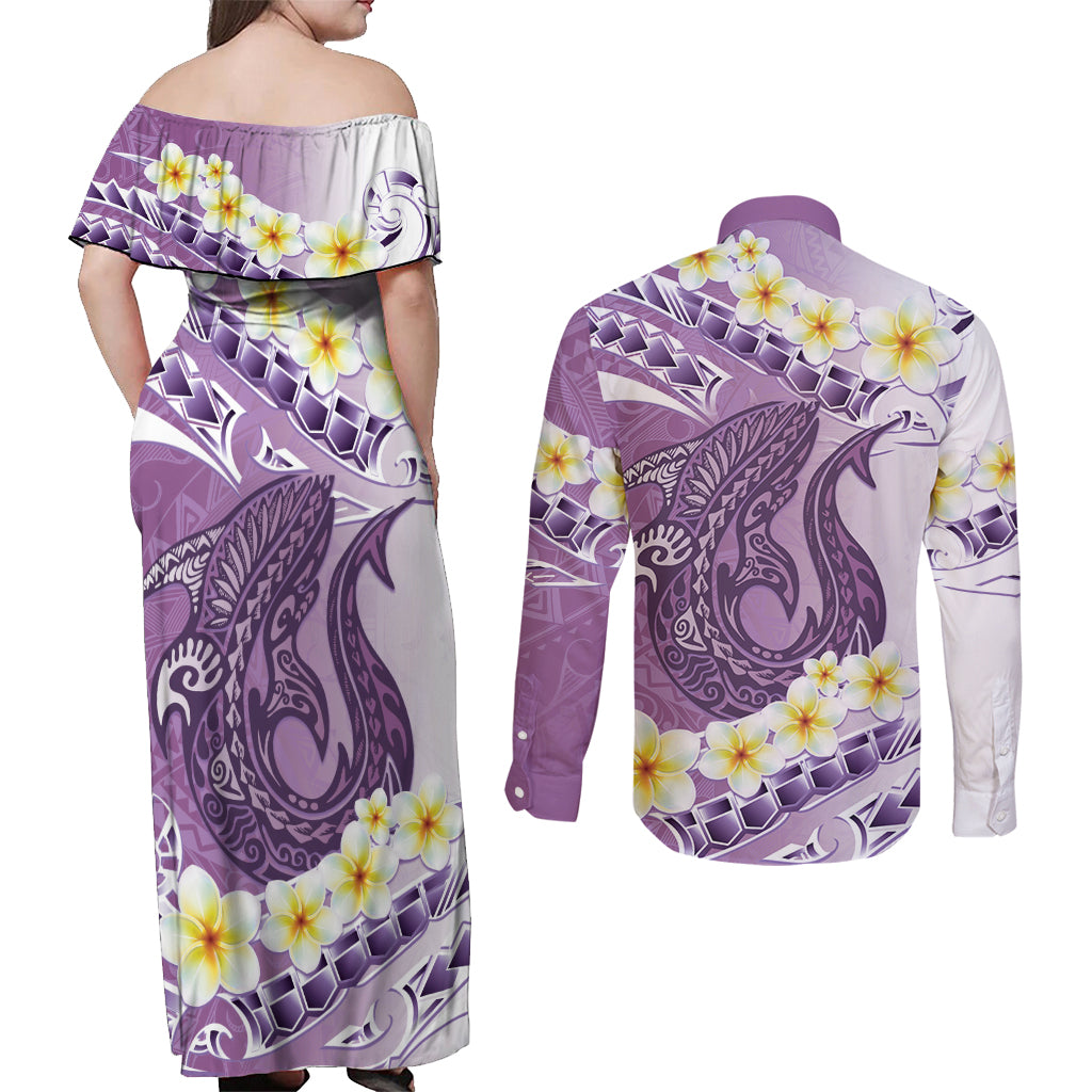 Purple Hawaii Shark Tattoo Couples Matching Off Shoulder Maxi Dress and Long Sleeve Button Shirt Frangipani With Polynesian Pastel Version LT14 - Polynesian Pride
