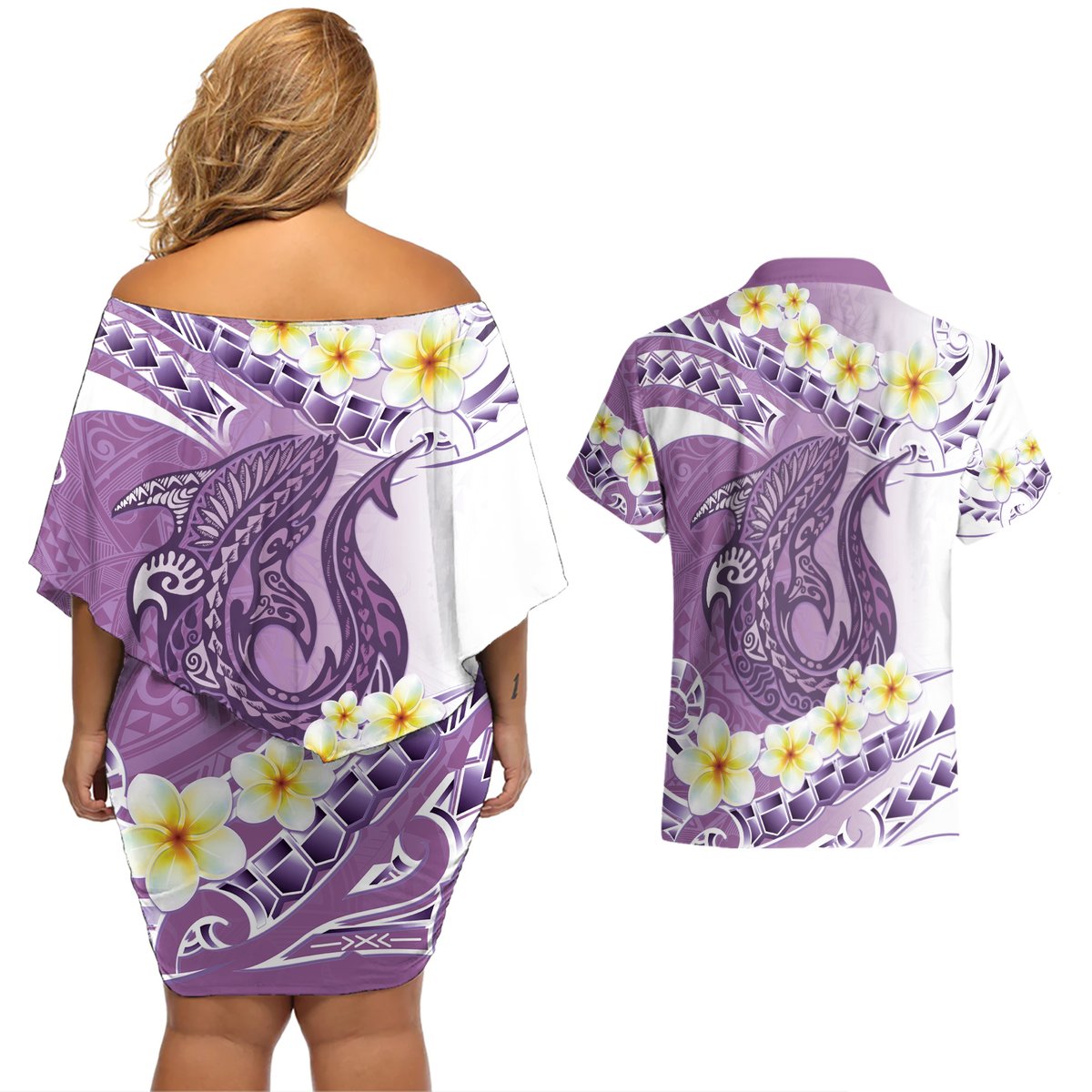 Purple Hawaii Shark Tattoo Couples Matching Off Shoulder Short Dress and Hawaiian Shirt Frangipani With Polynesian Pastel Version LT14 - Polynesian Pride