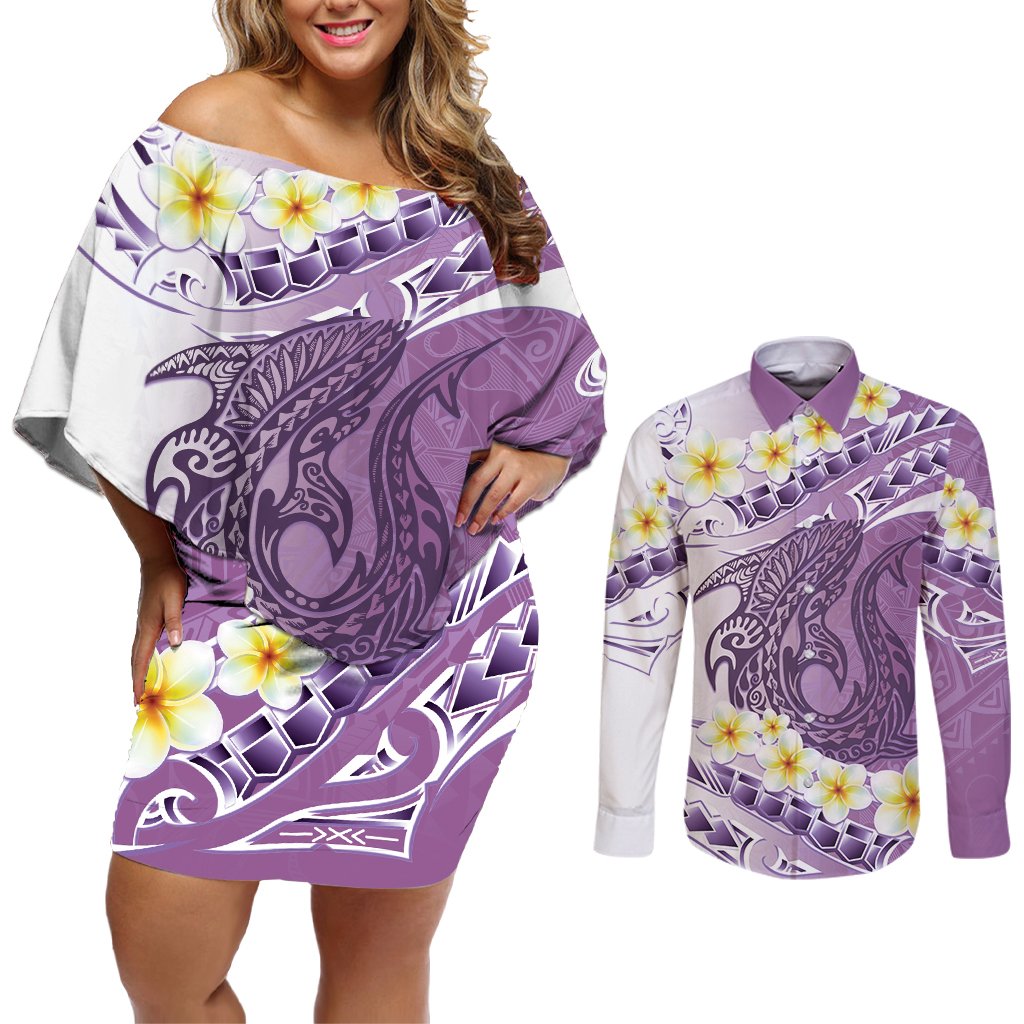 Purple Hawaii Shark Tattoo Couples Matching Off Shoulder Short Dress and Long Sleeve Button Shirt Frangipani With Polynesian Pastel Version LT14 Purple - Polynesian Pride