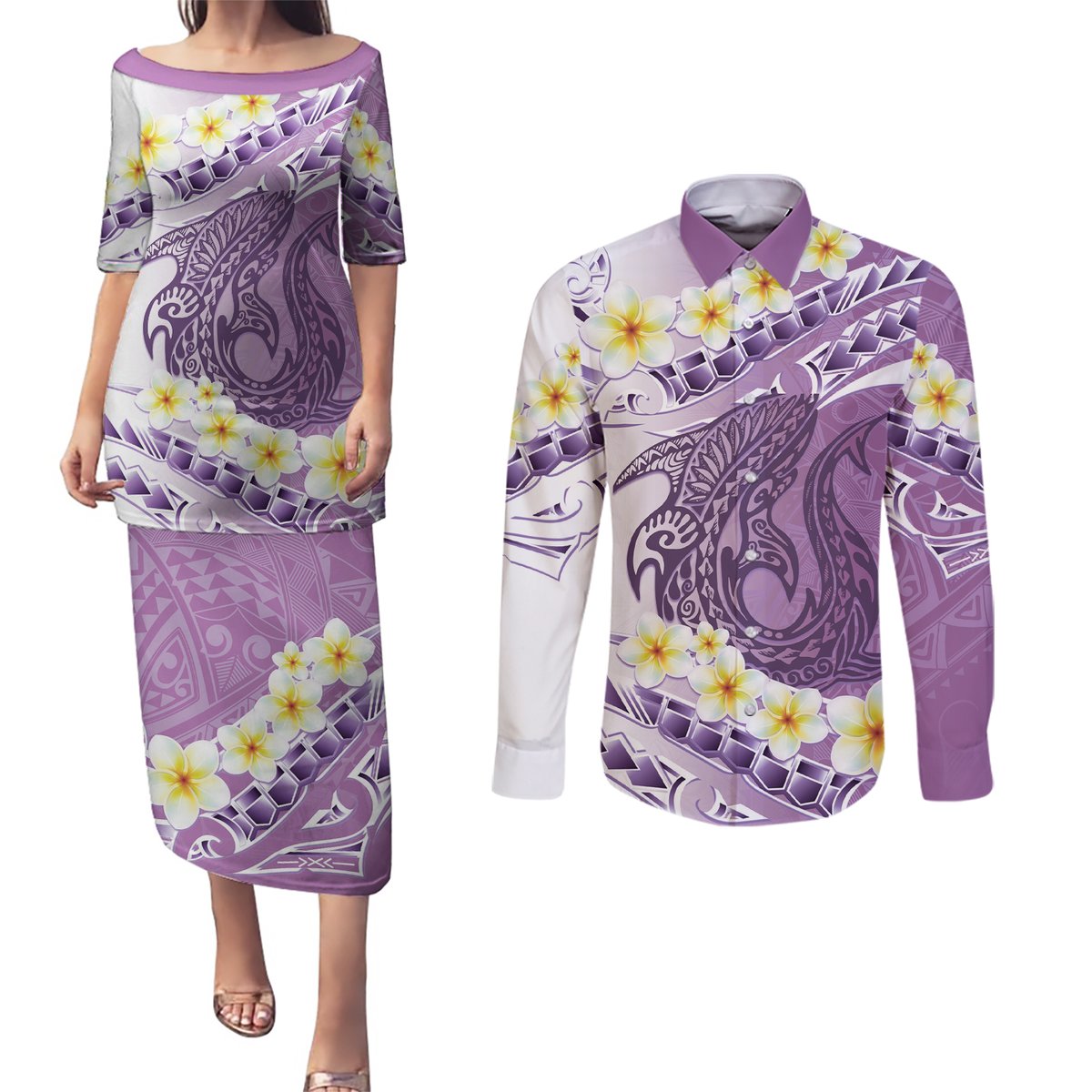 Purple Hawaii Shark Tattoo Couples Matching Puletasi and Long Sleeve Button Shirt Frangipani With Polynesian Pastel Version LT14 Purple - Polynesian Pride