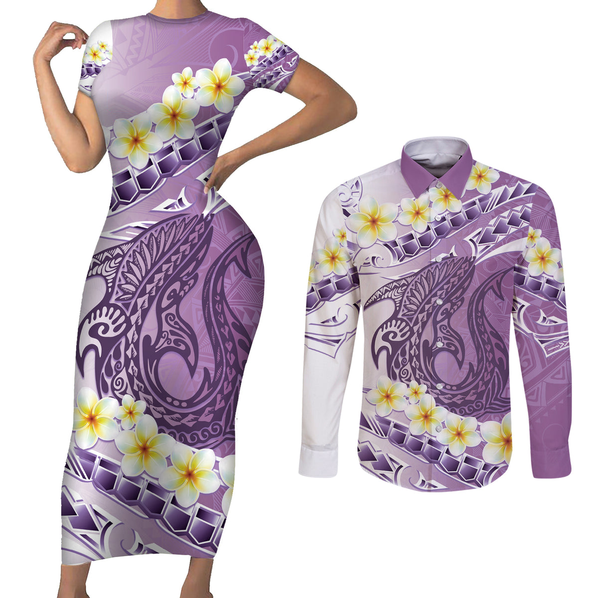Purple Hawaii Shark Tattoo Couples Matching Short Sleeve Bodycon Dress and Long Sleeve Button Shirt Frangipani With Polynesian Pastel Version LT14 Purple - Polynesian Pride