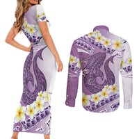 Purple Hawaii Shark Tattoo Couples Matching Short Sleeve Bodycon Dress and Long Sleeve Button Shirt Frangipani With Polynesian Pastel Version LT14 - Polynesian Pride