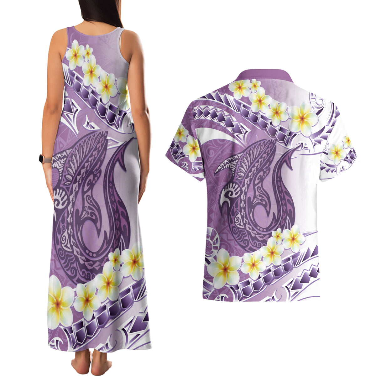 Purple Hawaii Shark Tattoo Couples Matching Tank Maxi Dress and Hawaiian Shirt Frangipani With Polynesian Pastel Version LT14 - Polynesian Pride