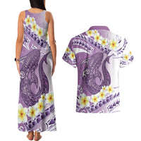 Purple Hawaii Shark Tattoo Couples Matching Tank Maxi Dress and Hawaiian Shirt Frangipani With Polynesian Pastel Version LT14 - Polynesian Pride