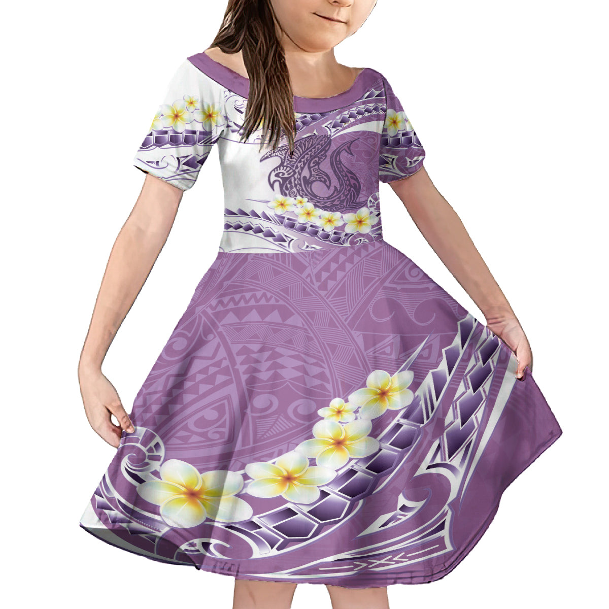 Purple Hawaii Shark Tattoo Family Matching Long Sleeve Bodycon Dress and Hawaiian Shirt Frangipani With Polynesian Pastel Version