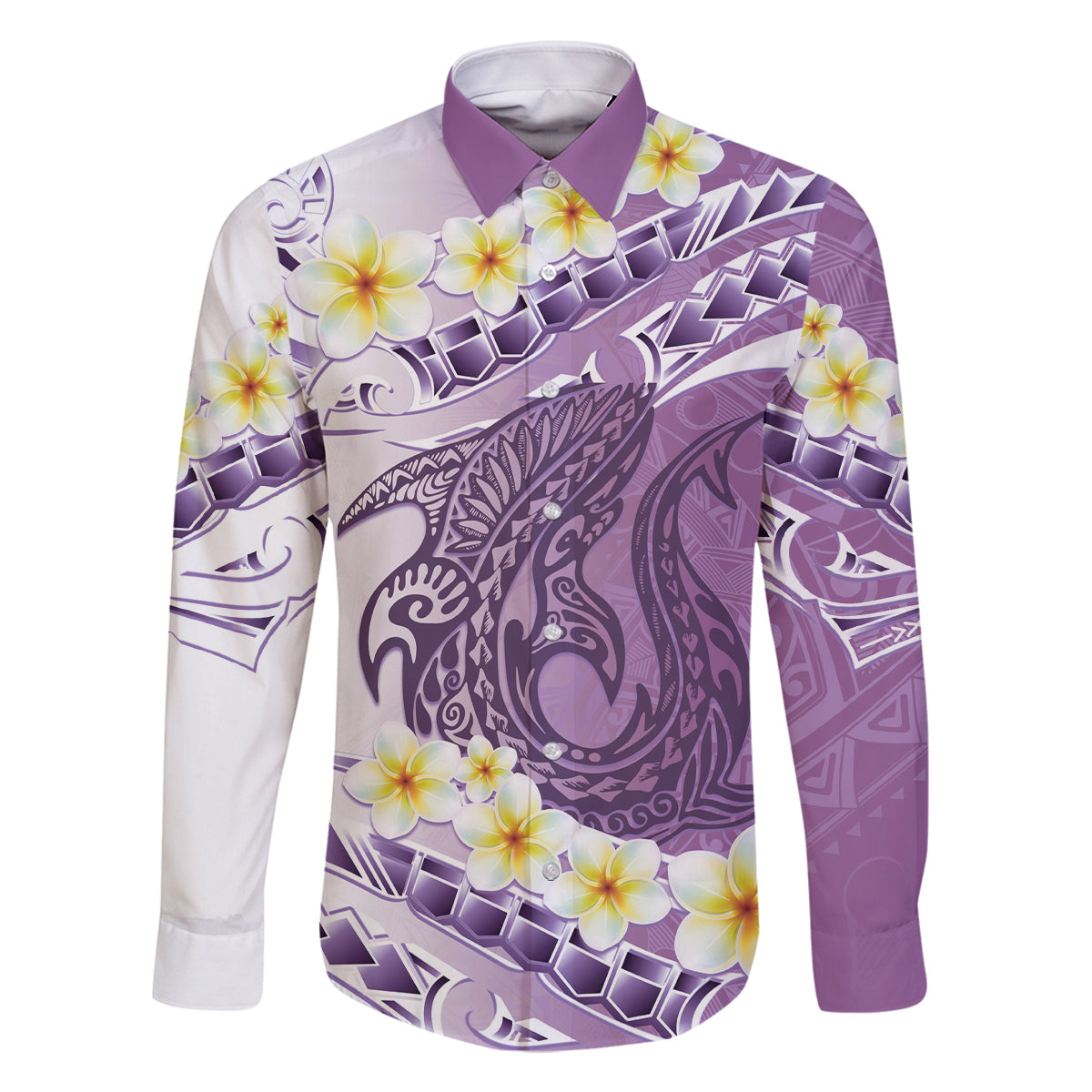 Purple Hawaii Shark Tattoo Family Matching Mermaid Dress and Hawaiian Shirt Frangipani With Polynesian Pastel Version LT14 Dad's Shirt - Long Sleeve Purple - Polynesian Pride