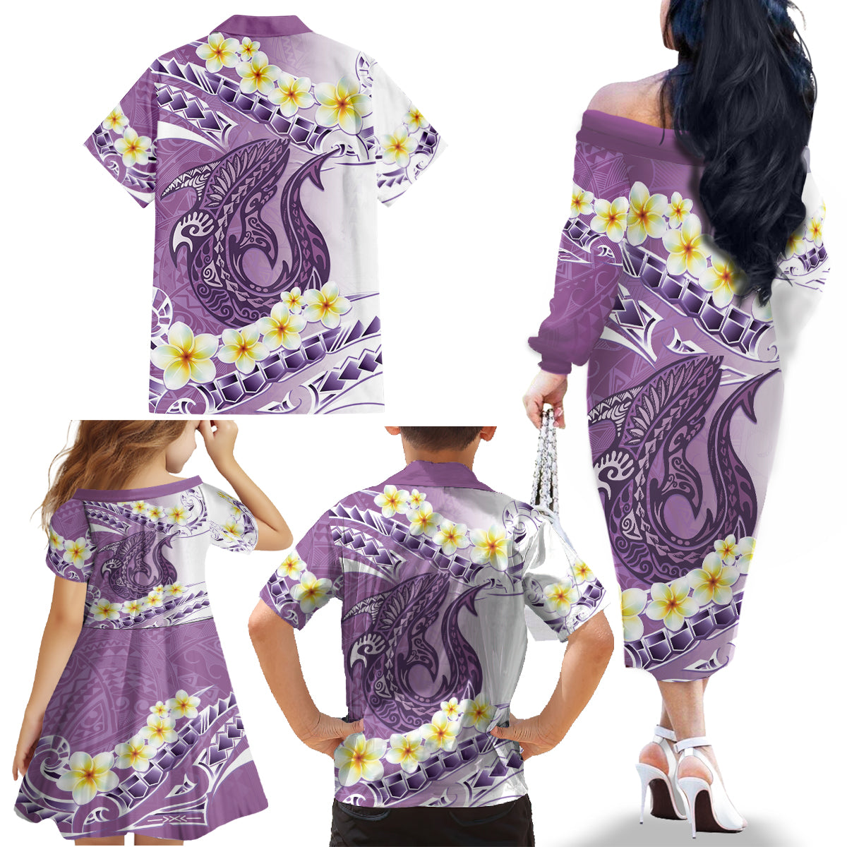 Purple Hawaii Shark Tattoo Family Matching Off The Shoulder Long Sleeve Dress and Hawaiian Shirt Frangipani With Polynesian Pastel Version